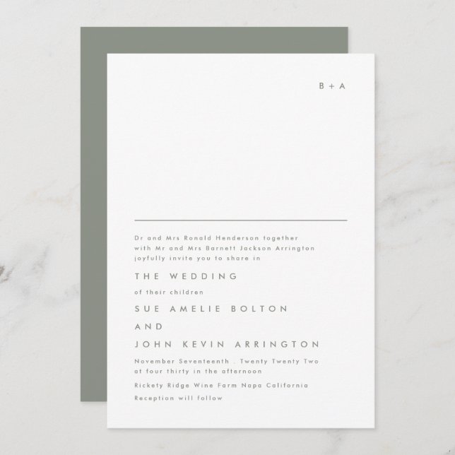 Simple Elegant Monogram Sage Green Wedding Invitation (Front/Back)