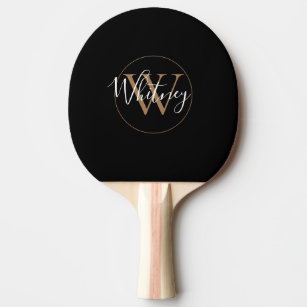 Simple Elegant Monogram Script Name Black Gold Ping Pong Paddle