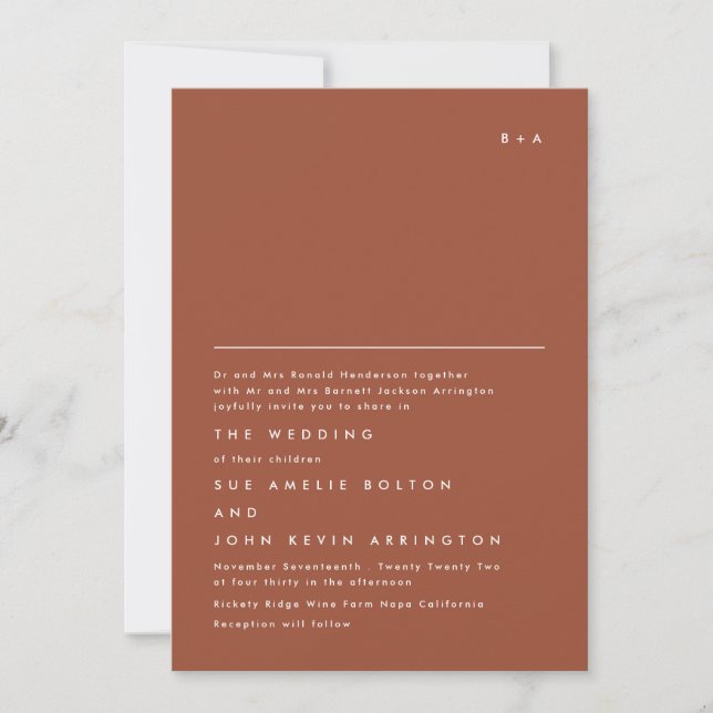Simple Elegant Monogram Terracotta White Wedding Invitation (Front)