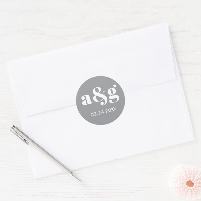 Simple, elegant monogram ultimate grey wedding classic round sticker (Envelope)
