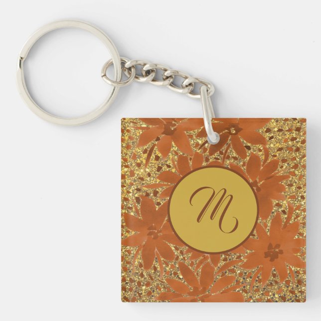 Simple Elegant Monogrammed Gold Sparkle Key Ring (Front)