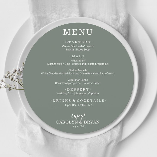 Simple Elegant Moss Green Round Wedding Dinner Menu (Creator Uploaded)