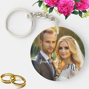 Simple Elegant Mr and Mrs Photo  Key Ring
