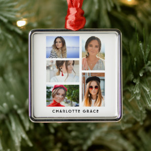 Simple Elegant Multi Photo Personalised Name Metal Ornament