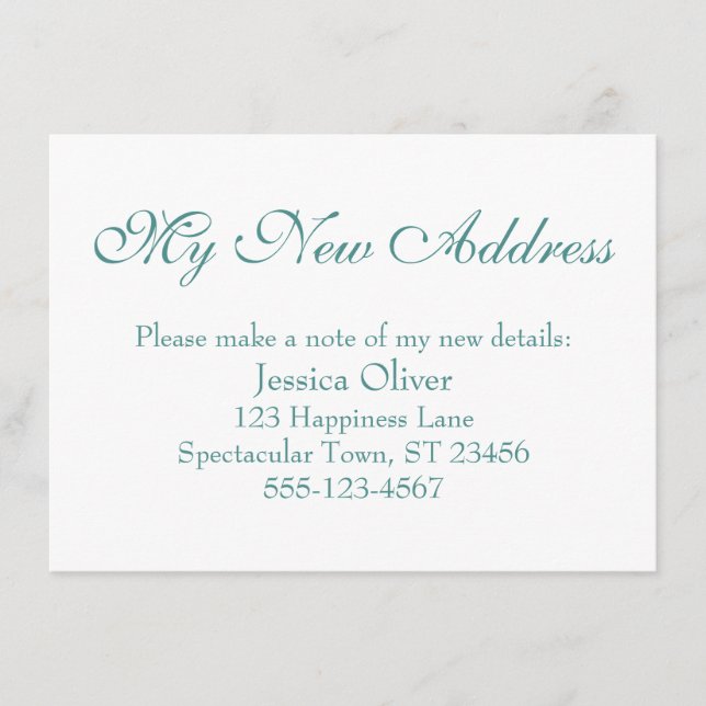 Simple, Elegant My New Address Teal on White Enclosure Card (Front)
