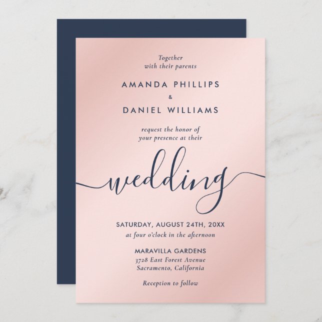 Simple Elegant Navy Blue and Blush Modern Script Invitation (Front/Back)