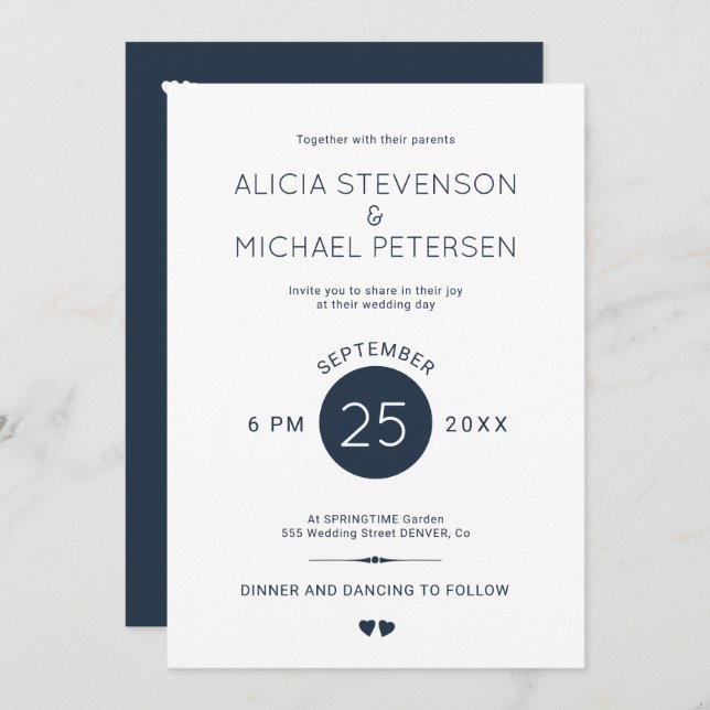 Simple elegant navy blue and white wedding invitation (Front/Back)