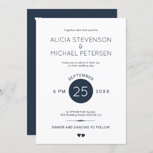 Simple elegant navy blue and white wedding invitation