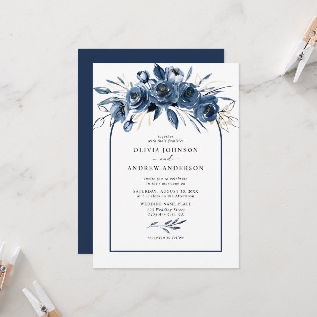 Simple Elegant Navy Blue Boho Floral Arch Wedding Invitation (Front/Back In Situ)