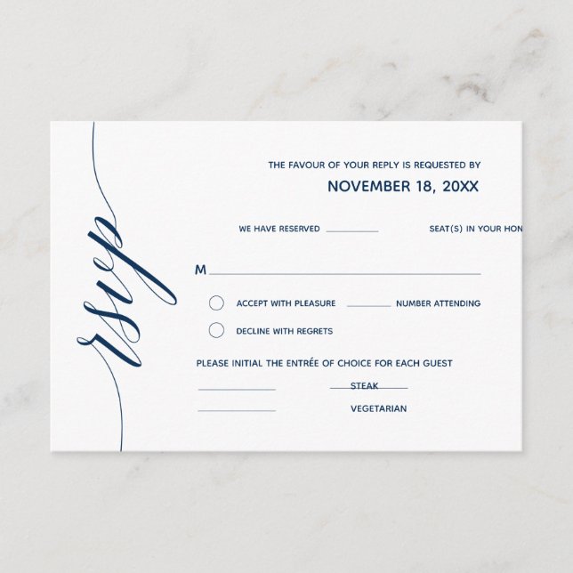 Simple Elegant Navy Blue Calligraphy, Wedding RSVP Enclosure Card (Front)