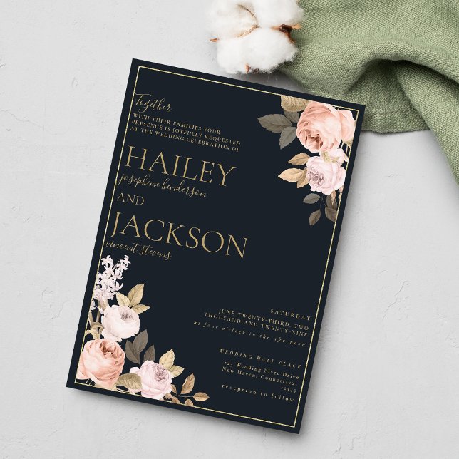 Simple elegant navy blue gold pink floral wedding invitation (Simple elegant navy blue gold pink floral wedding )