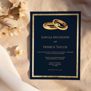 Simple elegant navy blue gold rings Wedding Invitation