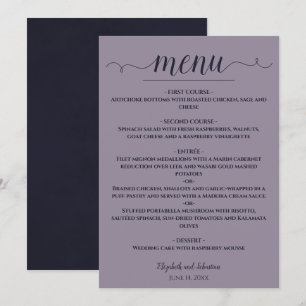 Simple Elegant Navy Blue on Dusty Lavender Wedding Menu