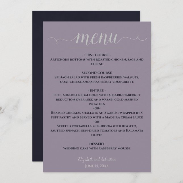 Simple Elegant Navy Blue on Dusty Purple Wedding Menu (Front/Back)