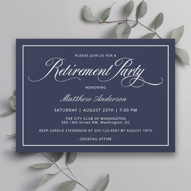 Simple Elegant Navy Blue Retirement Party Invitation (Available in both printed and instant download digital formats.)