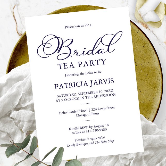 Simple Elegant Navy Blue Script Bridal Tea Party Invitation (Creator Uploaded)