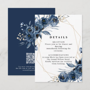 Simple Elegant Navy Blue Wedding QR Code Details Enclosure Card