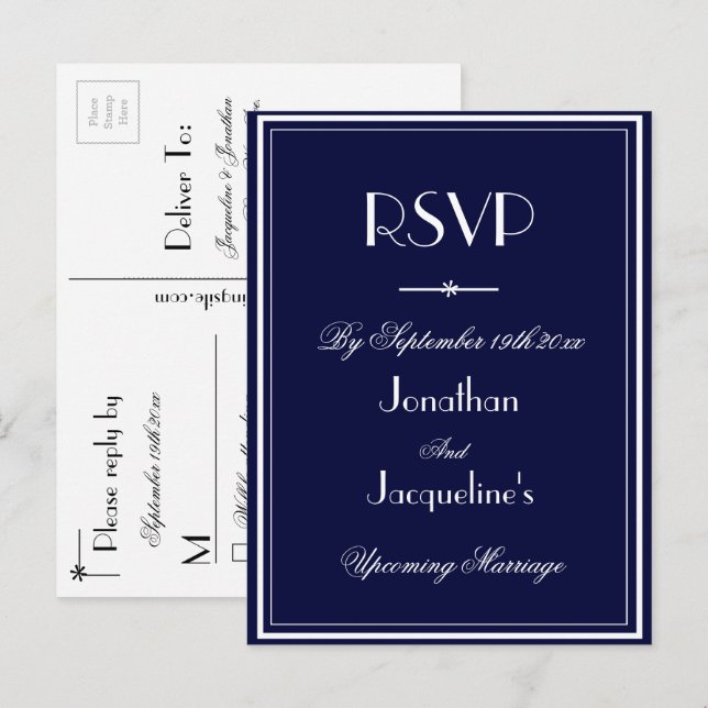 Simple Elegant Navy Blue Wedding RSVP Reply Invitation Postcard (Front/Back)