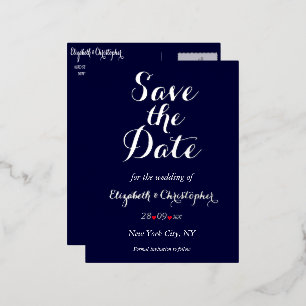 Simple Elegant Navy Blue Wedding Save the Date Foil Invitation Postcard