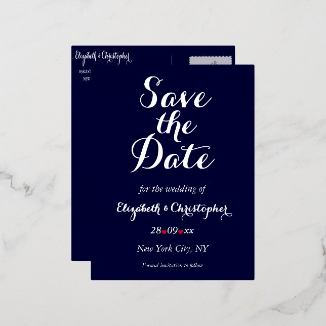 Simple Elegant Navy Blue Wedding Save the Date Foil Invitation Postcard (Front/Back)