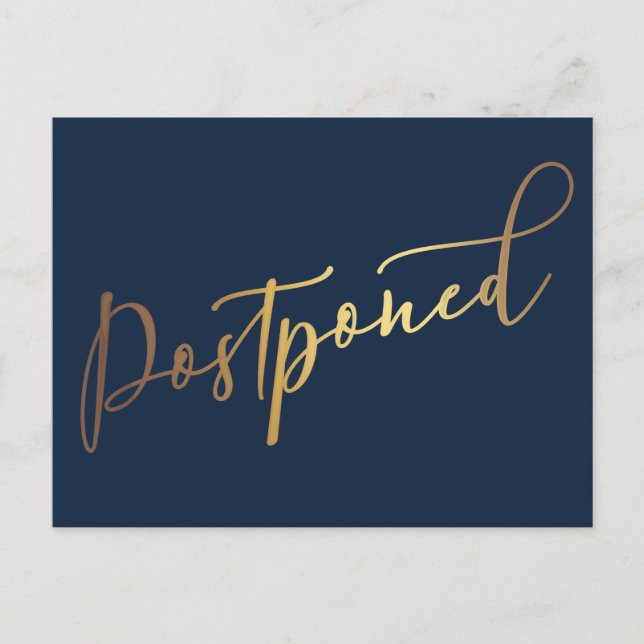 Simple Elegant Navy & Gold Postponed Wedding Postcard (Front)