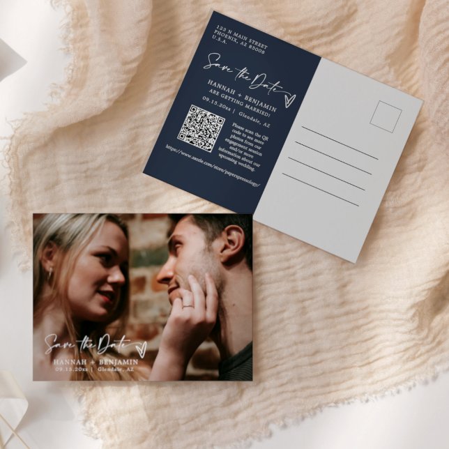 Simple Elegant Navy Save the Date QR Code Photo Postcard (Creator Uploaded)