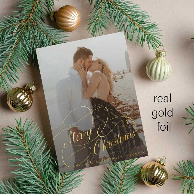 Simple elegant newlywed Merry Christmas gold Foil Holiday Card (Creator Uploaded)