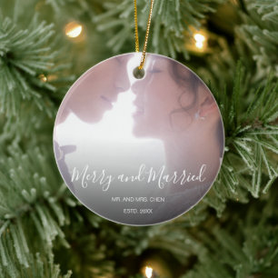 Simple Elegant Newlywed Photo First Christmas Ceramic Ornament