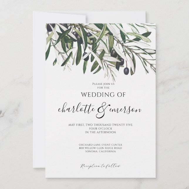 Simple Elegant Olive Branch Wedding  Invitation (Front)