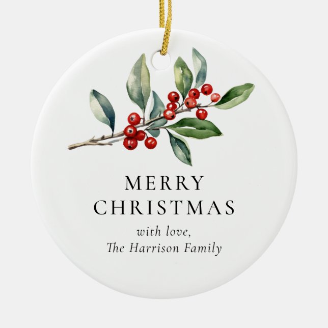 Simple Elegant One Photo Christmas Botanical Ceramic Ornament (Front)
