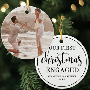Simple Elegant Our First Christmas Engaged Ceramic Ornament
