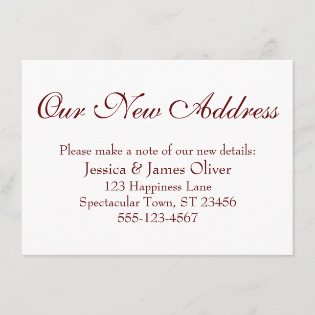 Simple, Elegant Our New Address Burgundy on White Enclosure Card (Front)