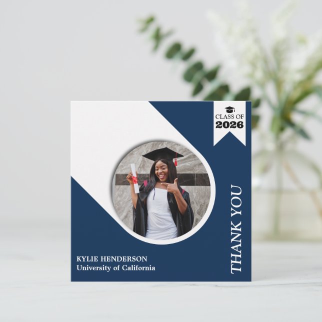 Simple Elegant Oxford Blue Graduation Photo Thank You Card (Standing Front)