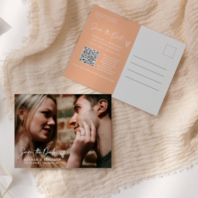 Simple Elegant Peach Save the Date QR Code Photo Postcard (Creator Uploaded)