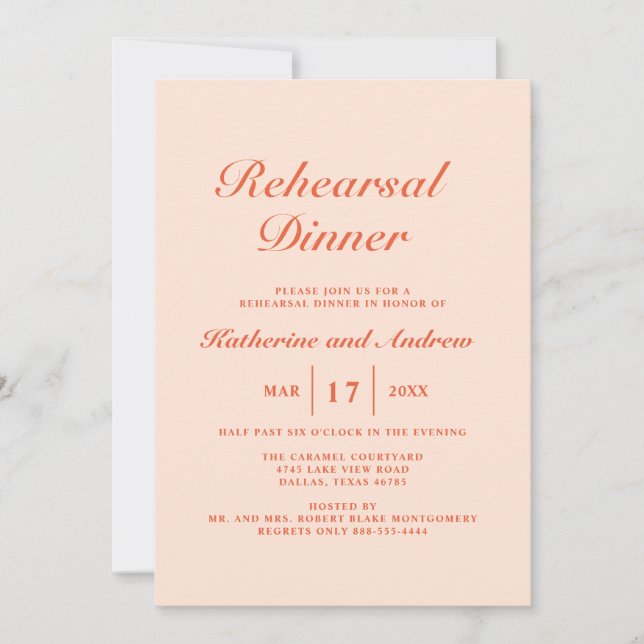Simple Elegant Peachy Wedding Rehearsal Dinner Invitation (Front)