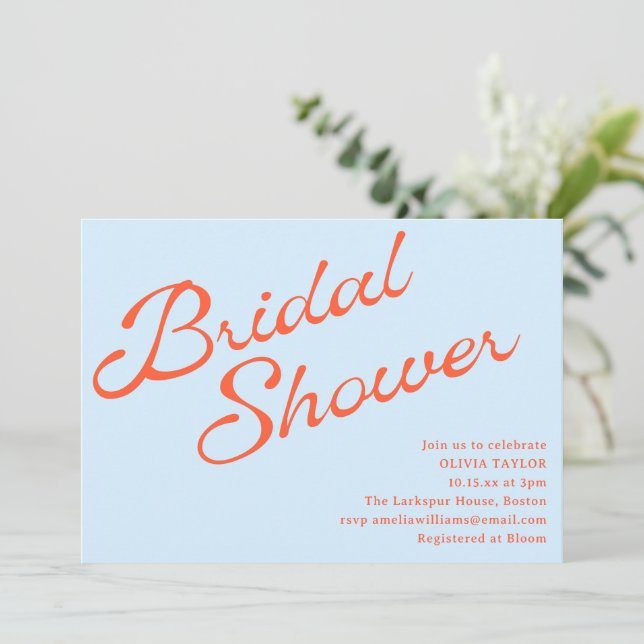 Simple Elegant Persimmon Blue Script Bridal Shower Invitation (Standing Front)