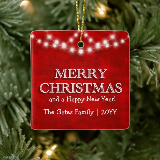 Simple Elegant Personalised Merry Christmas Lights Ceramic Ornament (Tree)
