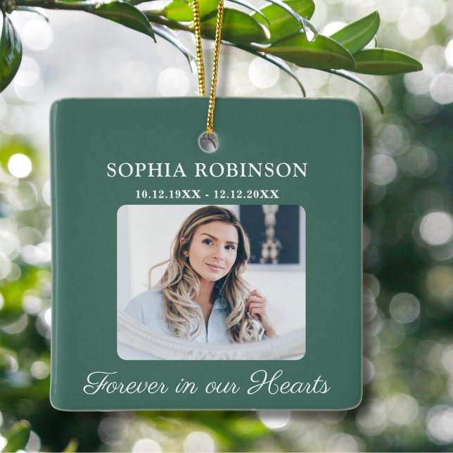 Simple Elegant Photo Memorial Green Christmas Ceramic Ornament (Creator Uploaded)