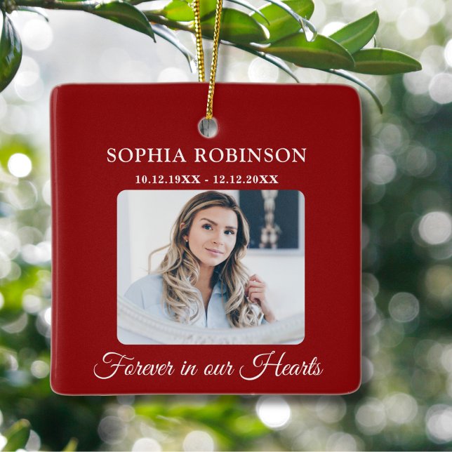 Simple Elegant Photo Memorial Red Christmas Ceramic Ornament (Creator Uploaded)