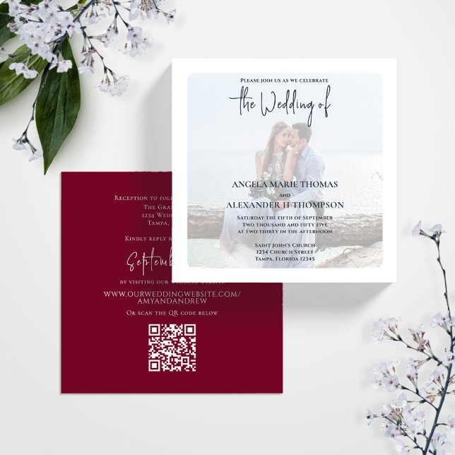 Simple Elegant Photo Minimal Burgundy QR Code RSVP Invitation (Elegant simple square photo wedding invitation with burgundy colors and QR code. )