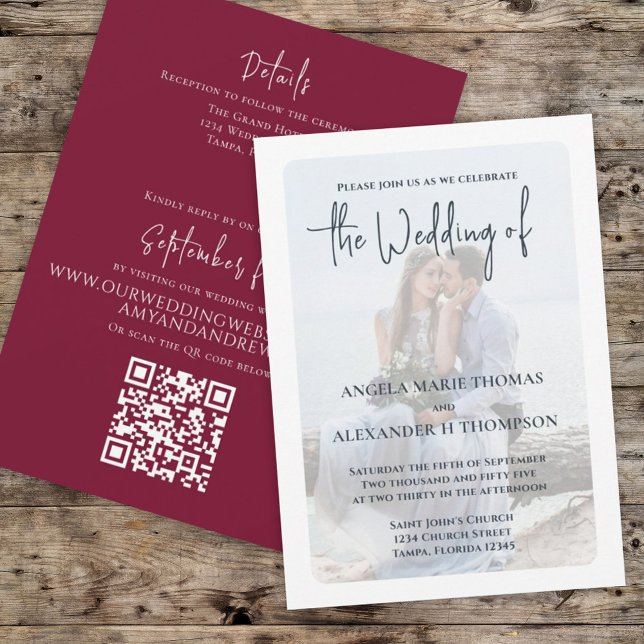 Simple Elegant Photo Minimal Burgundy QR Code RSVP Invitation (Creator Uploaded)