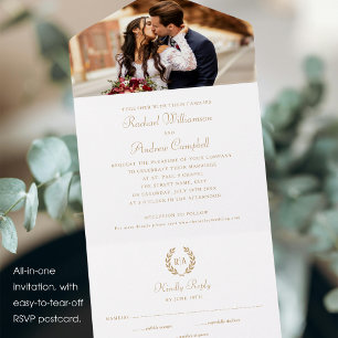 Simple Elegant Photo Monogram Gold White Wedding All In One Invitation