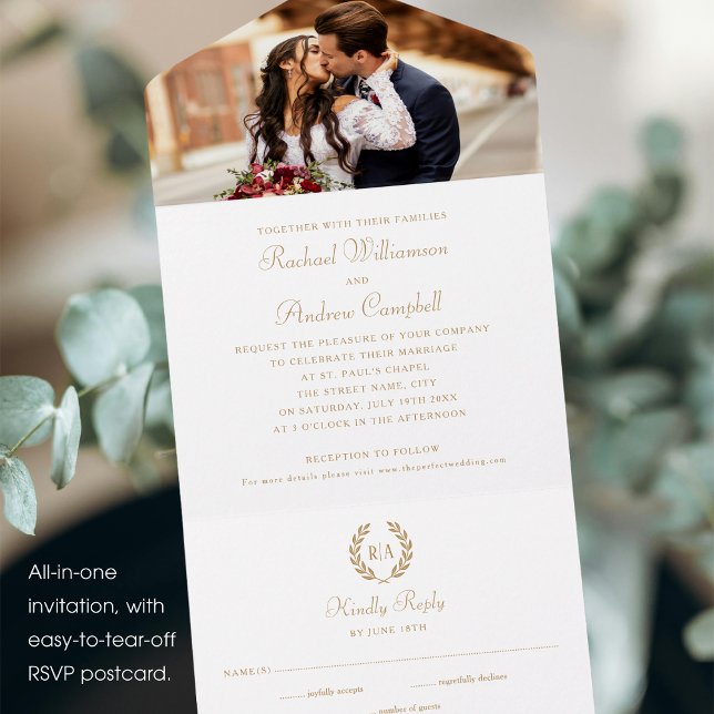 Simple Elegant Photo Monogram Gold White Wedding All In One Invitation (Creator Uploaded)