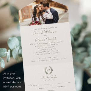 Simple Elegant Photo Monogram Green Cream Wedding All In One Invitation