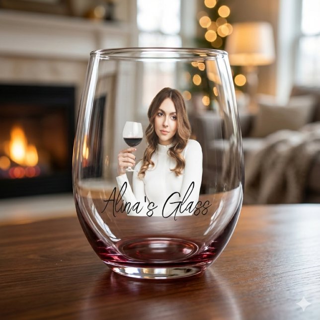 Simple Elegant Photo Name Monogram Gift  Stemless Wine Glass (Creator Uploaded)