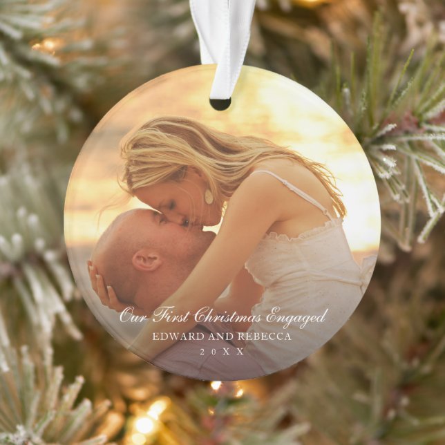 Simple Elegant Photo Our First Christmas Engaged Ornament (Tree)