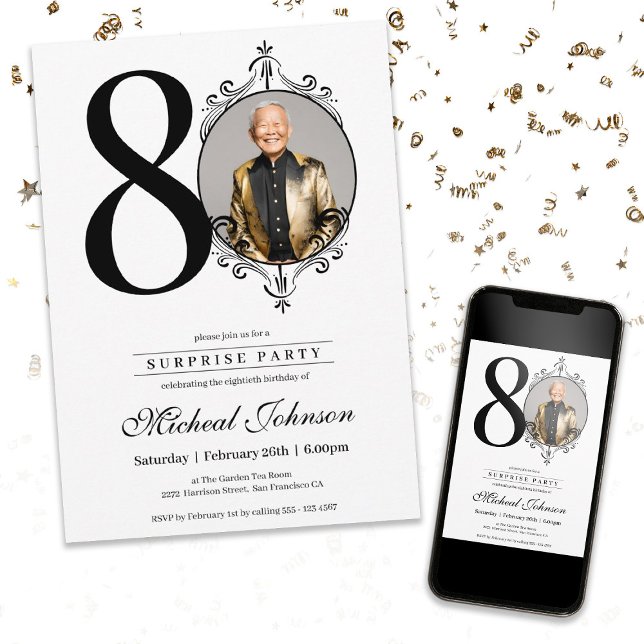 Simple Elegant Photo Surprise 80th Birthday Party  Invitation (Simple Elegant Photo Surprise 80th Birthday Party Invitation)