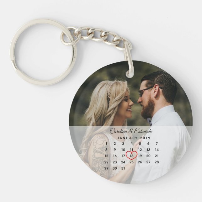 Simple Elegant Photo Wedding Anniversary Calendar Key Ring (Front)
