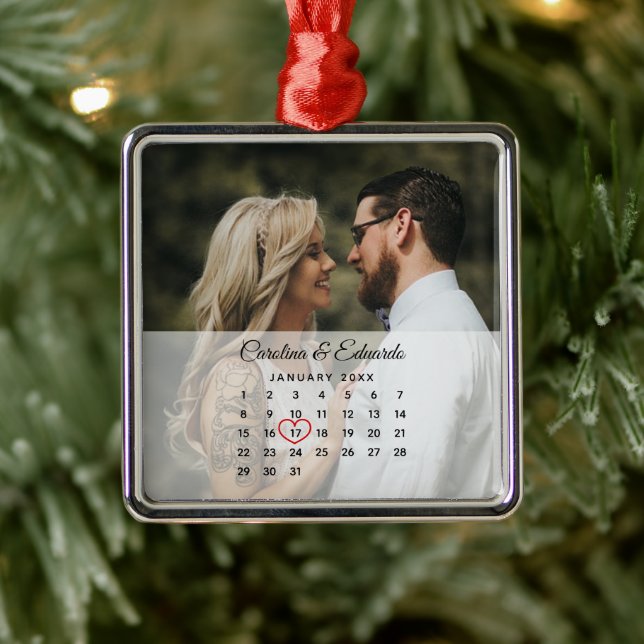 Simple Elegant Photo Wedding Anniversary Calendar Metal Ornament (Tree)