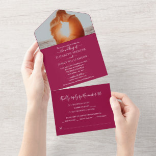 Simple Elegant Photo Wedding RSVP Cranberry All In One Invitation
